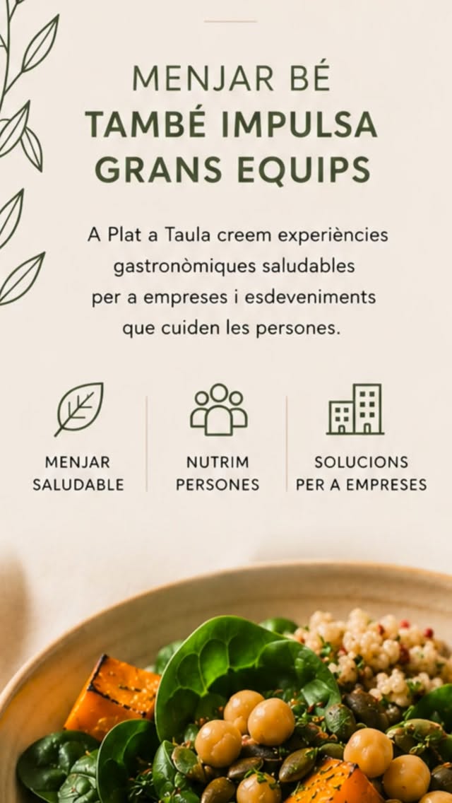Busques una empresa que gestioni el serveis gastronomics i de menjador de la teva empresa o col·lectivitat?👷♀️🍎💼
A Plat a Taula oferim un servei de càtering pensat per al dia a dia: menús saludables, cuina casolana, producte de proximitat i una proposta adaptada a les necessitats de cada centre.
🍸I, quan l'ocasió ho demana, també t'acompanyem amb coffee breaks, càterings per a reunions i esdeveniments, team buildings gastronòmics i altres serveis personalitzats.
Si ets una empresa o una col·lectivitat de les 📍Terres de l'Ebre, parlem. Estarem encantats de preparar una proposta a mida🪄